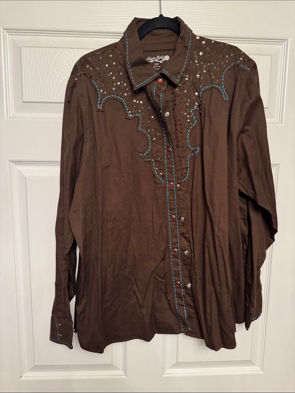 Embellished Brown Button-Down Western Shirt with Turquoise Stitching